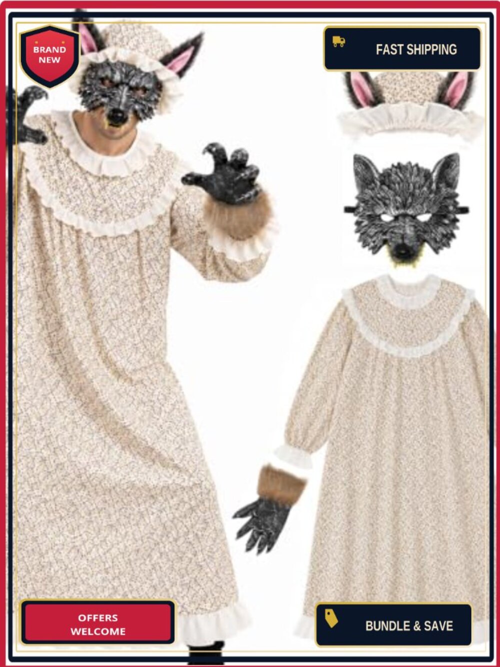 Adult Wolf Grandma Costume Set Wolf Mask Nightgown Claw Gloves Bonnet
